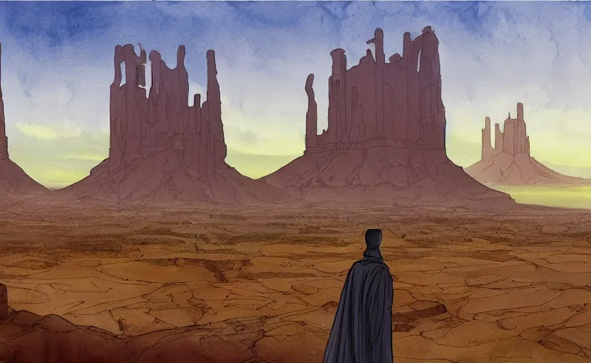 Prompt: a hyperrealist watercolor concept art of a futuristic city built in monument valley. a medieval monk in grey robes is in the foreground. golden hour. very muted colors, by rebecca guay, michael kaluta, charles vess. high detail, hq, wide shot, 4 k