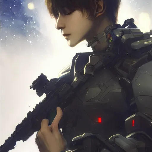 Image similar to award winning, extremely photorealistic, bokeh, beautiful detail, stars in the sky, cybernetic, sci-fi space game art, jeon Jungkook holding a gun. alien planet art by Akihito Yoshitomi AND Yoji Shinkawa AND Greg Rutkowski, Mark Arian trending on artstation