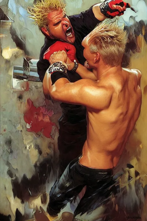 Image similar to guy fieri enraged, fighting gordon ramsay, punching, motion lines, action lines, painting by'phil hale '!!! gaston bussiere, craig mullins, greg rutkowski, alphonse mucha,