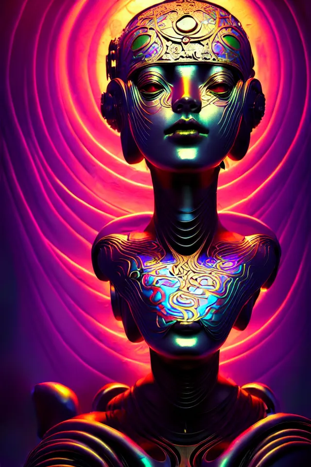 Image similar to robot empress, metal art nouveau swirls, subsurface scattering, in the style of james jean and tomasz alen kopera, mystical colors, rim light, beautiful lighting, 8 k, stunning scene, raytracing, octane render, trending on artstation