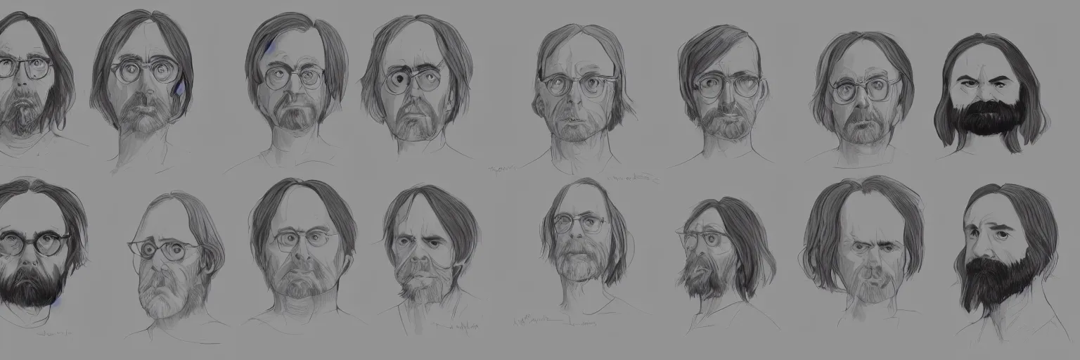 Prompt: character study of todd solondz and charles manson as a sick man, clear, male, glasses, character sheet, fine details, concept design, contrast, kim jung gi, da vinci and pixar, trending on artstation, 8 k, full body and head, turnaround, front view, back view, ultra wide angle