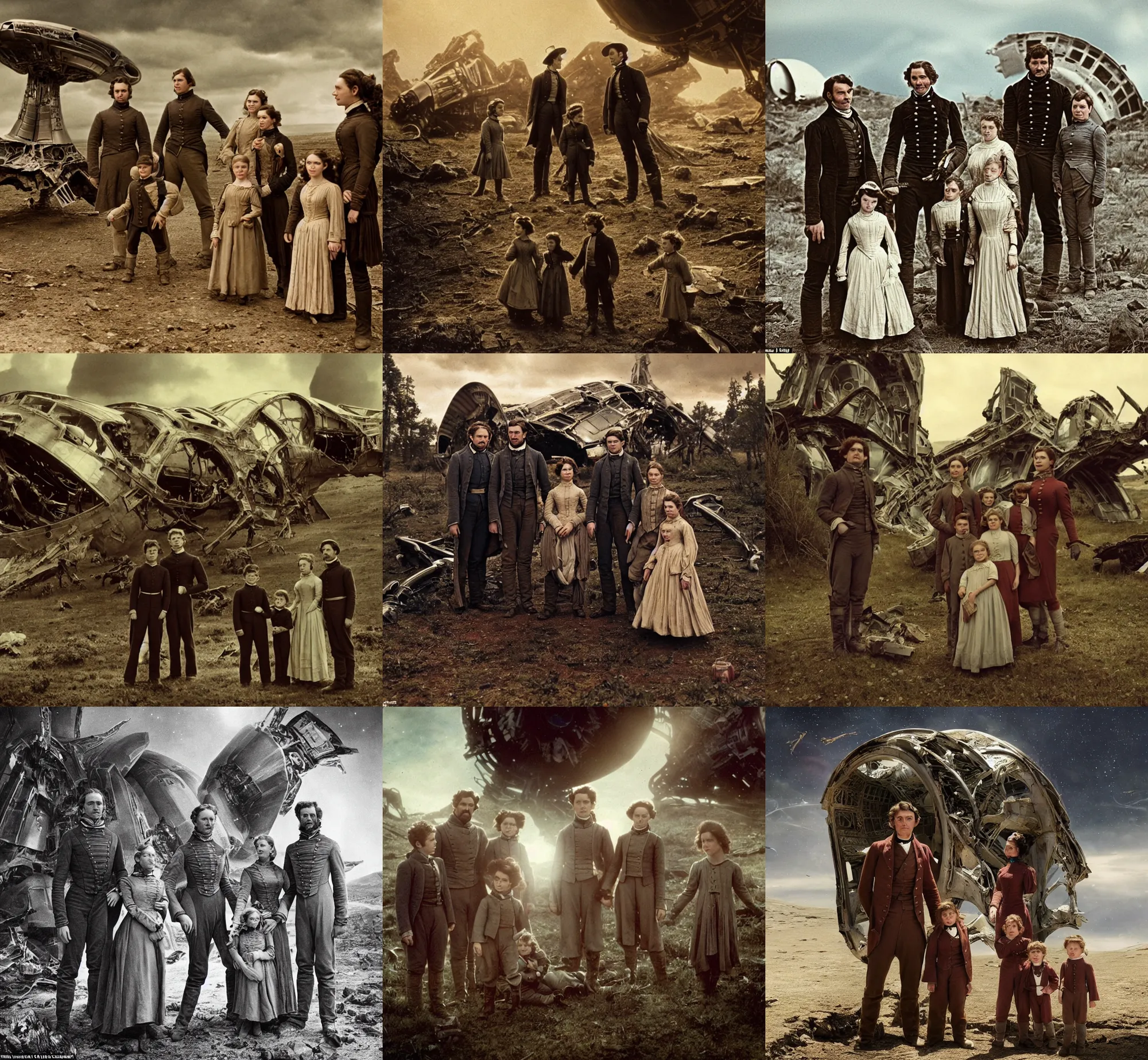 Prompt: extremely sharply detailed, from blockbuster sci fi 8 k color movie freeze frame, set in 1 8 6 0, family standing in front of a crashed spaceship, on alien planet, looking happy, wearing 1 8 5 0 s era clothes, atmospheric lighting, in focus, reflective eyes, 3 5 mm macro lens, live action, nice composition, good photography, extremely detailed