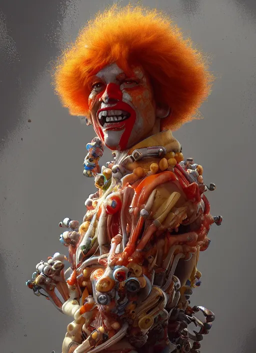 Image similar to biopunk portrait of ronald mcdonald, au naturel, hyper detailed, digital art, trending in artstation, cinematic lighting, studio quality, smooth render, unreal engine 5 rendered, octane rendered, art style by klimt and nixeu and ian sprigger and wlop and krenz cushart.