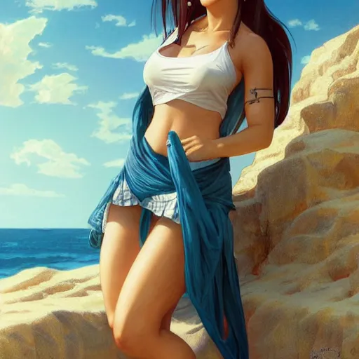 Prompt: tifa wearing a beach towel wrapped around her body, realistic shaded, pleasant face, fine details, medium shot, portrait, realistic shaded lighting poster by greg rutkowski, artgerm, kyoto animation and alphonse mucha