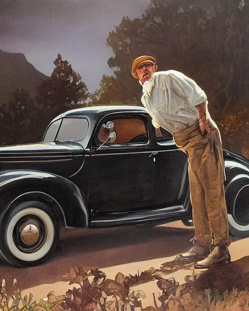 Image similar to medium shot portrait of a prohibition era moonshiner with detailed features, dusty 1940 ford coupe in the backdrop, dutch camera view, dirt, Appalachian mountains, sharp focus, illustration, highly detailed, oil painting, matte, art by Greg Rutkowski and Alphonse Mucha, masterpiece