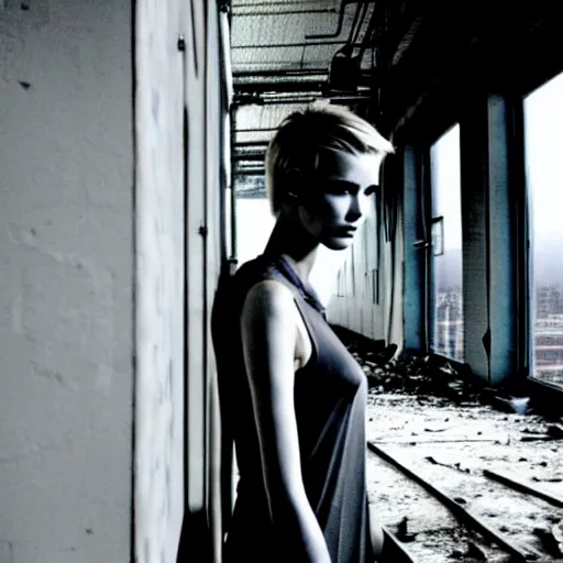 Prompt: runaway beautiful supermodel replicant looking out the window in a dirty abandoned factory, short blonde hair, still from closed circuit tv footage, high angle