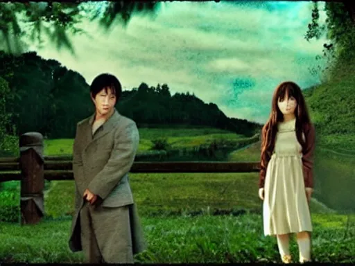 Image similar to full - color still from a 2 0 0 2 live - action tv drama adaptation of haibane renmei. cozy ; peaceful ; bucolic ; quaint.