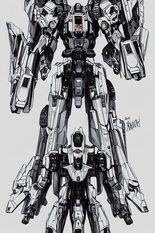 Image similar to very symmetrical!! full body illustrations of mecha, pen and ink, moderately detailed, concept art, armored core aesthetic, artstation, deviantart, pinterest