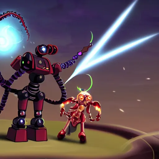 Image similar to an epic cinematic battle between a wizard and an evil tentacle ai robot