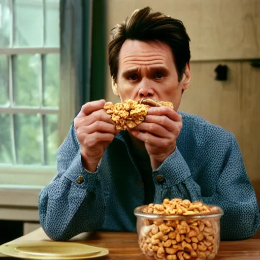 Image similar to a cinematic shot of Jim Carrey eating a bowl of cereal, film grain, 8k