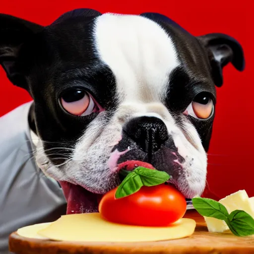 Image similar to boston terrier with a human beard eating tomato's with cheese, photorealistic, high detail, 8 k resolution