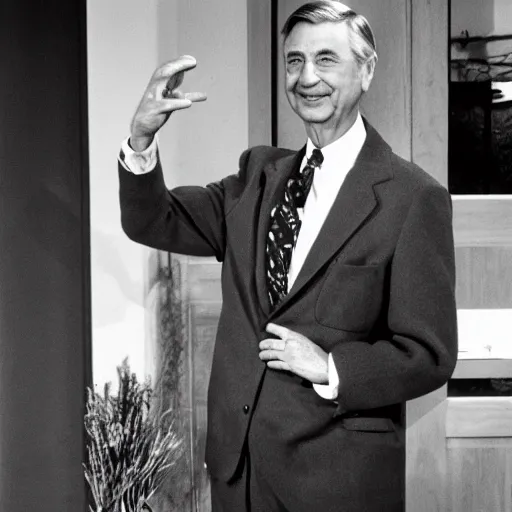 Image similar to mr. rogers has slinkies for hands, color photo