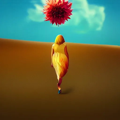 Image similar to closeup giant dahlia flower where head, girl walking between dunes, surreal photography, sunrise, blue sky, dramatic light, impressionist painting, digital painting, artstation, simon stalenhag