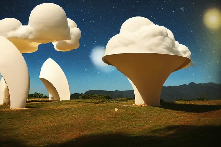 Prompt: favela tuba cloud sculpture, mid century modern environment, sunny, milky way, award winning art, epic dreamlike fantasy landscape, ultra realistic,