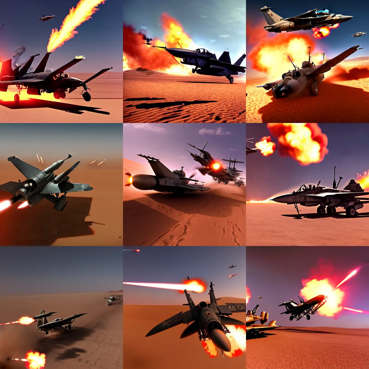 Prompt: a gritty hyperdetailed photorealistic ground attack aircraft shooting a gatling gun at a small group of vehicles in the desert, volumemetric lighting, cinematic framing, cinematatic lighting, cinematic shadows, in the style of top gun maverick