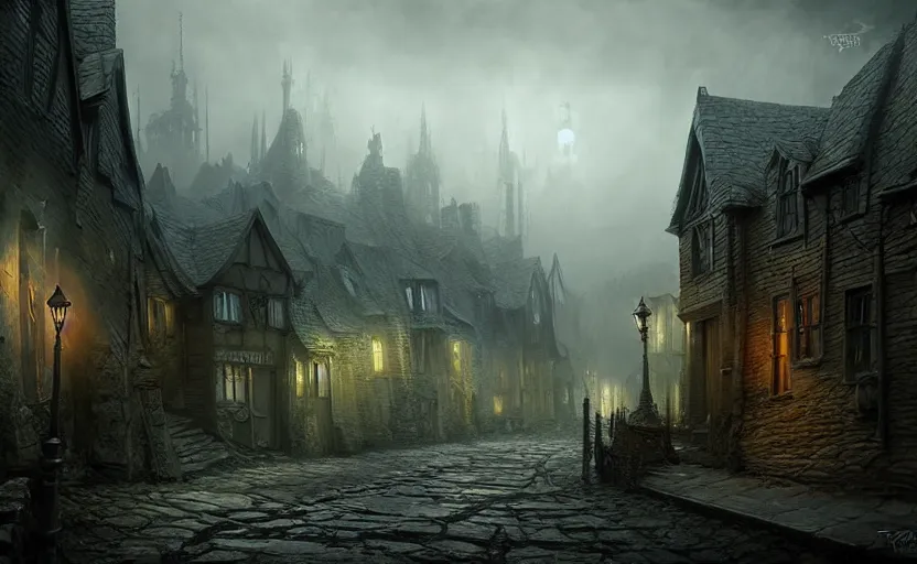 Image similar to extreme long shot concept art depicted an old english mystic town, dramatic mood, overcast mood, dark fantasy environment, art by tony sart and thornton oakley and darek zabrocki, trending on artstation, unreal engine, hyper - real movie shot