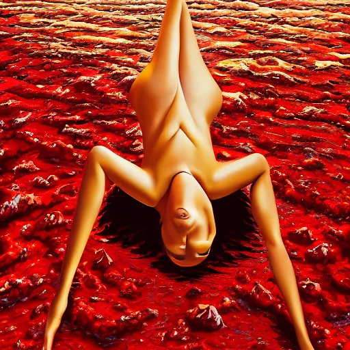 Image similar to Emily Ratajkowski full body laying in a blood red pool of water between a golden mirror frame, outside is space and inside the mirror frame is a beautiful landscape. Hyperrealistic surreal 4K IMAX Rene Margritte intricate, elegant, highly detailed, digital painting, artstation, concept art, smooth, sharp focus, illustration, art by artgerm and greg rutkowski and alphonse mucha