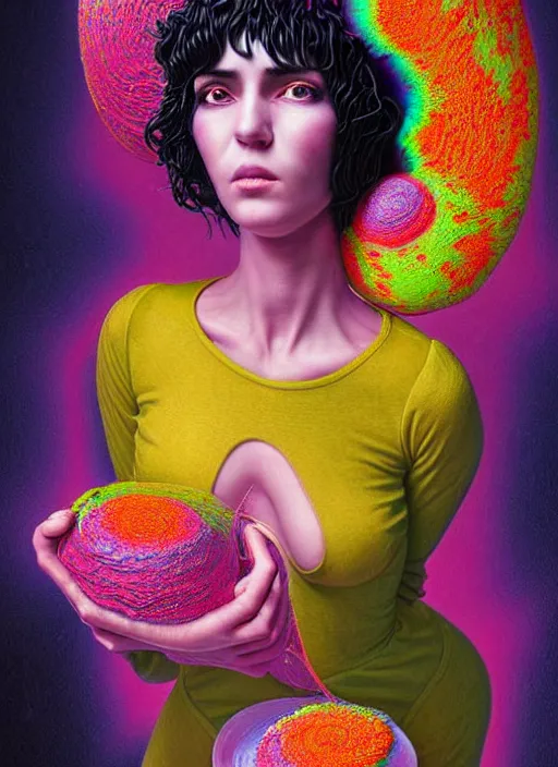 Prompt: hyper detailed 3d render like a Oil painting - Ramona Flowers with black hair in thick mascara seen seriously Eating of the Strangling network of colorful yellowcake and aerochrome and milky Fruit and Her delicate Hands hold of gossamer polyp blossoms bring iridescent fungal flowers whose spores black the foolish stars by Jacek Yerka, Mariusz Lewandowski, Houdini algorithmic generative render, Abstract brush strokes, Masterpiece, Edward Hopper and James Gilleard, Zdzislaw Beksinski, Mark Ryden, Wolfgang Lettl, Dan Hiller, hints of Yayoi Kasuma, octane render, 8k