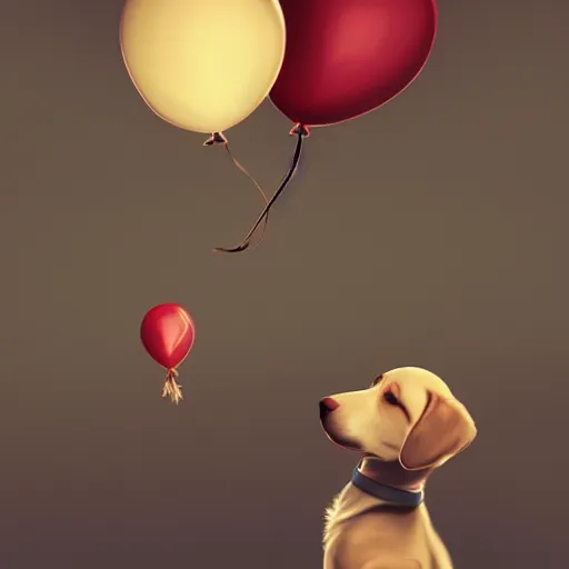 Image similar to puppy flying holding balloons, 8k, fantasy, intricate, cinematic lighting, highly detailed, digital painting, artstation, concept art, smooth, sharp focus, illustration, by Pixar