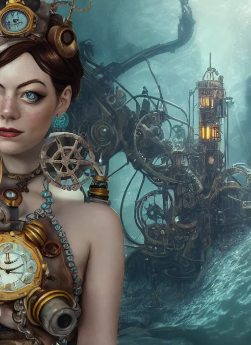 Image similar to underwater steampunk bioshock pirate portrait of emma stone, octopus, hyper detailed, digital art, trending in artstation, cinematic lighting, studio quality, smooth render, unreal engine 5 rendered, octane rendered, art style by klimt and nixeu and ian sprigger and wlop and krenz cushart.