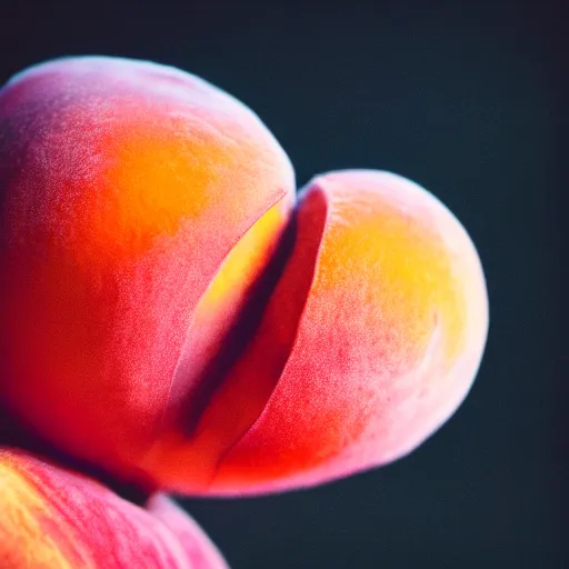 Image similar to a macro photo of a peach in shape of female bum, hyper realistic, hyper detailed, 35mm, very grainy film, pink volumetric studio lighting, bokeh, black background award winning shot, vogue magazine, cinematic, 8k, very closeup, elegant, tender, pastel