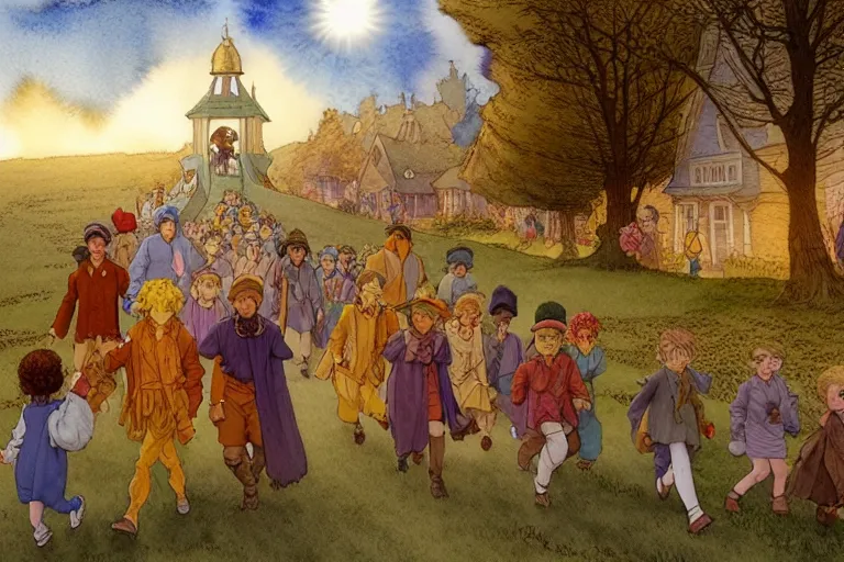 Prompt: a hyperrealist watercolor concept art of the pied piper leading children out of town. an elegant golden ufo is in the sky. very muted colors, by rebecca guay, michael kaluta, charles vess. high detail, hq, wide shot, 4 k