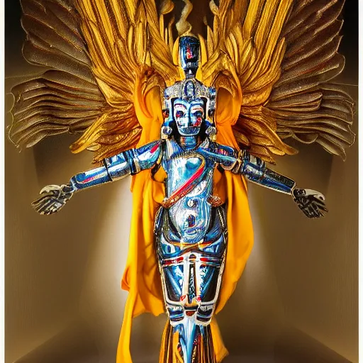 Image similar to UHD candid photo of a robot Angel Vishnu, UHD, photorealistic, real wings, correct face, photo by Annie Leibowitz