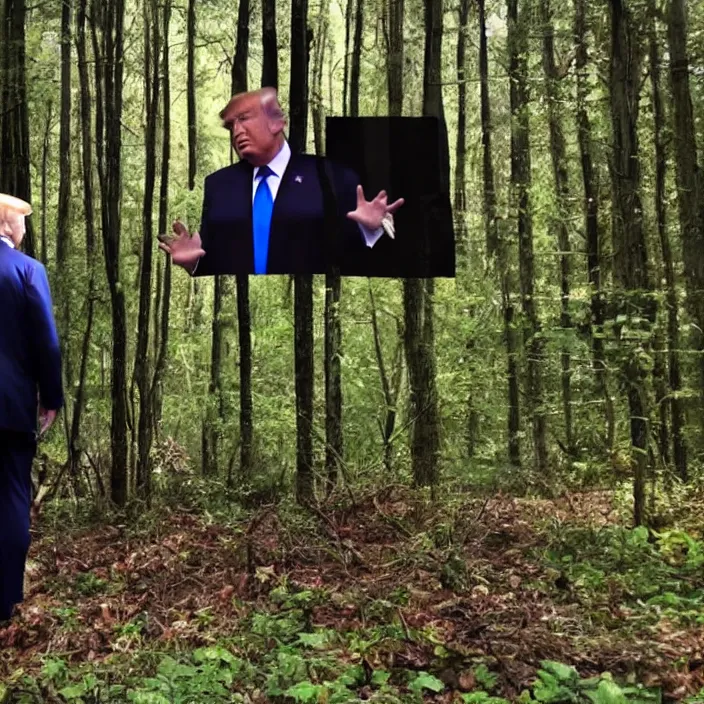 Image similar to A blurry ominous footage capture of Donald Trump in the woods talking to an alien