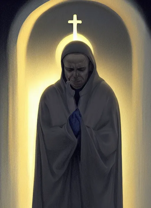 Image similar to oil painting portrait of a crying sad weeping sobbing tonsured dominican monk in a white habit, kneeling in a blue cold moonlit empty small chapel at night, hazy, digital art, chiaroscuro, artstation, cinematic, moonlight, digital art painting by greg rutkowski, hazy atmosphere, candles, cinematic blue lighting