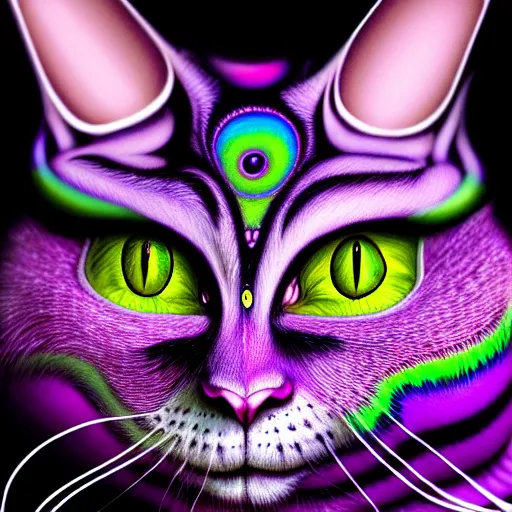 Image similar to An extremely psychedelic portrait of Cheshire cat, Surreal, LSD, face, detailed, intricate, elegant, lithe, highly detailed, digital painting, artstation, concept art, smooth, magical, Occult, astonishingly beautiful, sharp focus, illustration