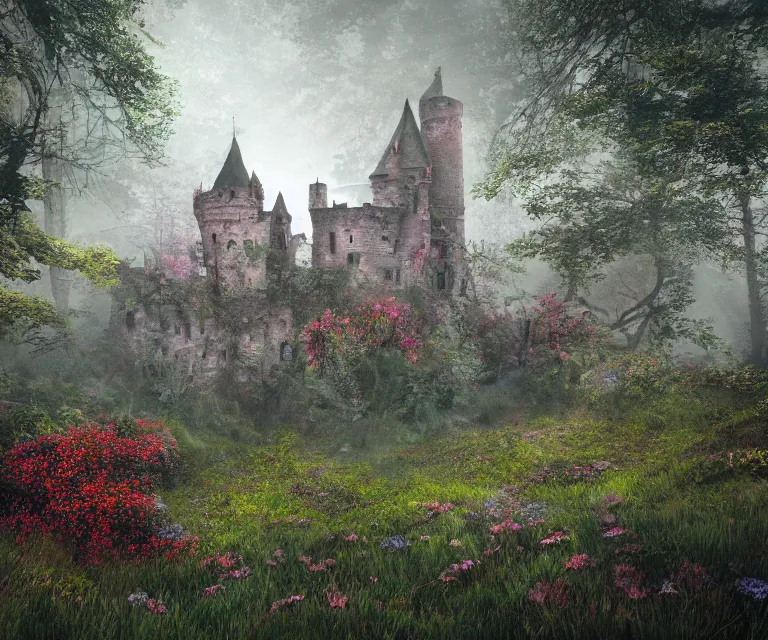 Prompt: old rundown castle in the middle of a haunted forest, foggy, high fantasy, colorful flowers, aged vegetation, photorealism