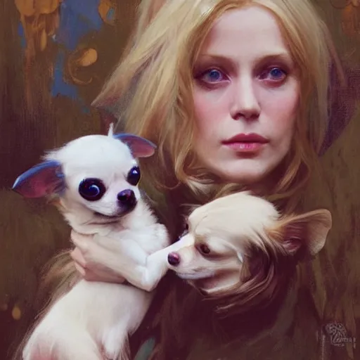 Image similar to beautiful blonde woman, blue eyes, intricate, elegant, highly detailed, holding old long haired chihuahua, greg manchess, mucha, liepke, ruan jia, jeffrey catherine jones, ridley scott