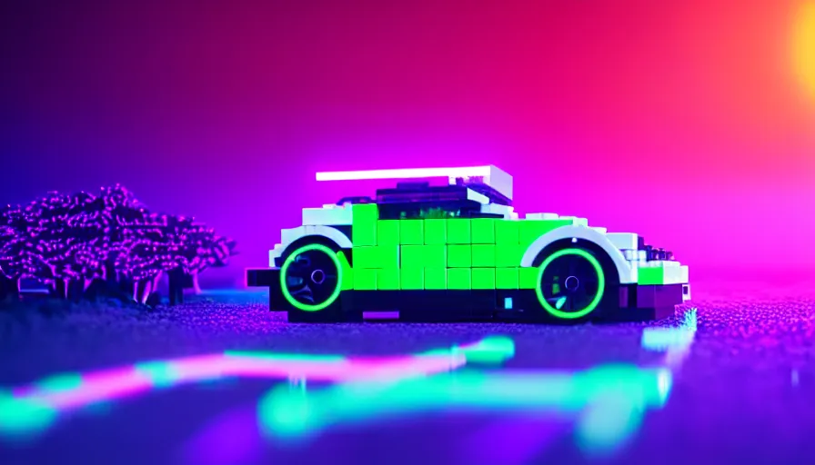 Image similar to luminescent lego car driving on a neon road into the distance with glowing cyberpunk signs leaving long glowing trails, top rear view, dark magical forest, synthwave, octane render, purple fog, futuristic, sunset, purple rays, reflective mirror puddles, beautiful lighting, ultra realistic, highly detailed, 8 k