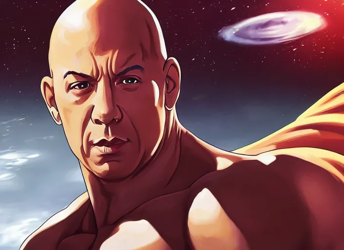 Prompt: landscape, long shot of vin diesel as saitama! punching!!! a car!!! through space, hyperrealism, trending on artstation