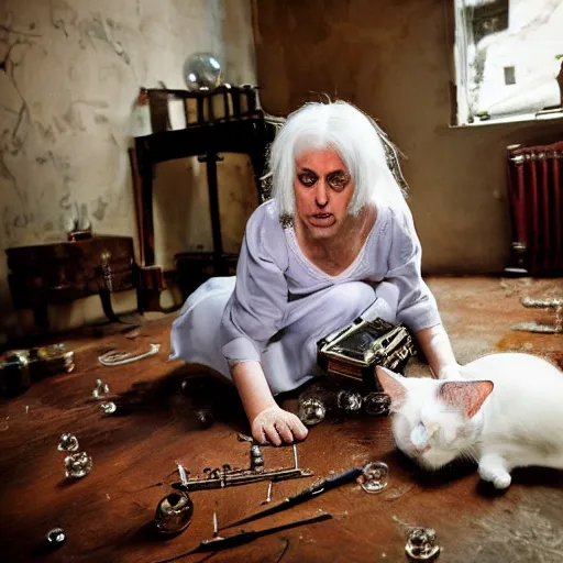 Image similar to a full body protrait beautifull witch with white hair in old room. A cristal ball on a wood table with a potions and old instruments. A cat on the floor licking his paw. photorealistic, profesional photo, by Steve McCurry