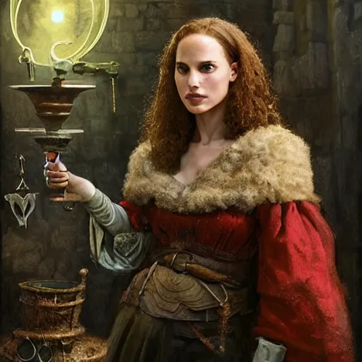 Prompt: young, freckled, curly haired, redhead natalie portman as a ( ( ( cheerful ) ) ), clumsy medieval alchemist in a alchemy lab!!. dark shadows, colorful, ( low key light ), law contrasts, fantasy concept art by jakub rozalski, jan matejko, and j. dickenson