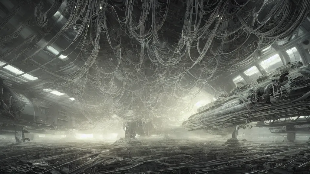 Image similar to a Photorealistic dramatic hyperrealistic,hyper detailed render of an Epic Sci-Fi, Gigantic Alien xenomorph spaceship inside huge interior hangar,intricate bio mechanical surface details in a top secret research facility,many tubes and cables hanging from the ceiling by Greg Rutkowski,Nicolas Bouvier,Sparth,ILM,Beautiful dynamic dramatic dark moody lighting,Volumetric,Cinematic Atmosphere,Octane Render,Artstation,8k