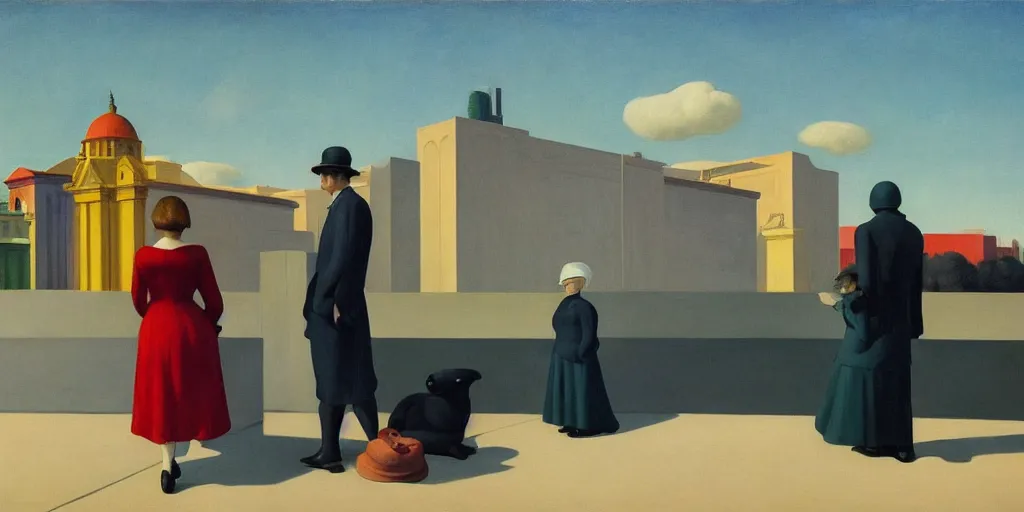 Image similar to three peculiar people pictured in afternoon light, clouds, bird, open ceiling, strange foreign objects, surrealist oil painting by edward hopper, chirico and rene magritte