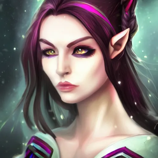 Prompt: portrait of a female high elf with magenta eyes and dark hair, digital art dnd beyond trending on art station 8 k