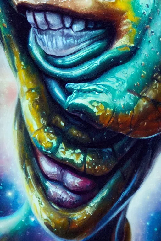 Image similar to hyperrealism oil painting, close - up portrait of face from a tangle of snakes fashion model, knight, street art gradient mixed with nebula sky, in style of baroque