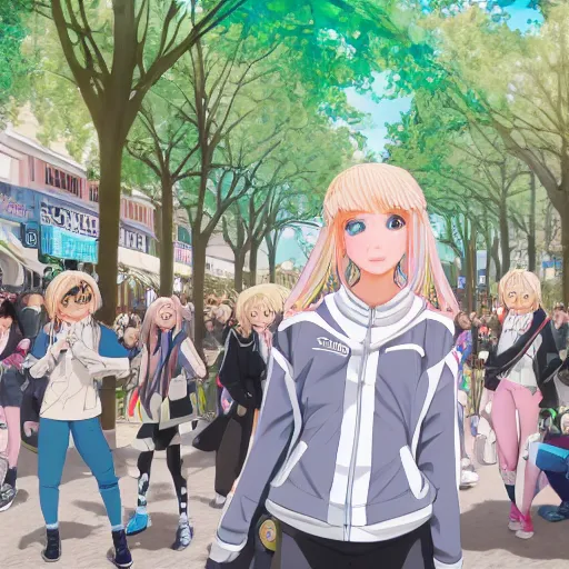 Image similar to blonde - haired princess, anime princess, wearing black jacket and white leggings, looking through crowd, town street, festival street, trees, green trees, blue lighting, blue sunshine, strong lighting, strong shadows, vivid hues, ultra - realistic, sharp details, subsurface scattering, intricate details, hd anime, 2 0 1 9 anime