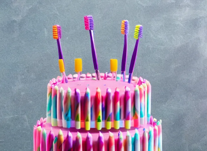 Prompt: A birthday cake with toothbrushes instead of candles