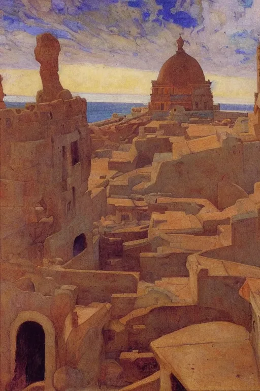 Image similar to ancient city by the sea by Annie Swynnerton and Nicholas Roerich, strong dramatic cinematic lighting , ornate architecture, lost civilizations, smooth, sharp focus, extremely detailed