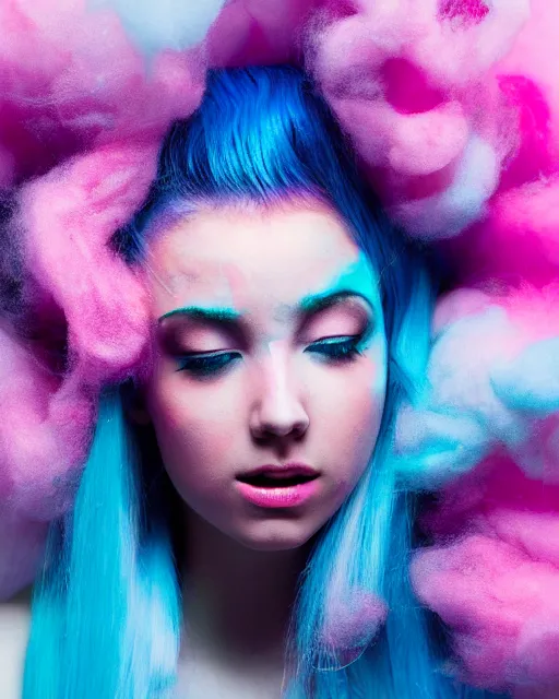 Prompt: a dramatic lighting photo of a beautiful young woman with cotton candy hair. blood splashes with a little bit of cyan and pink