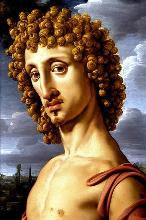 Image similar to renaissance painting of man, short curly hair, evil face, emotions closeup, dressed in roman armour, the beautiful garden with leaves, ultra detailed, art by Guido Reni style, Vincenzo Catena style