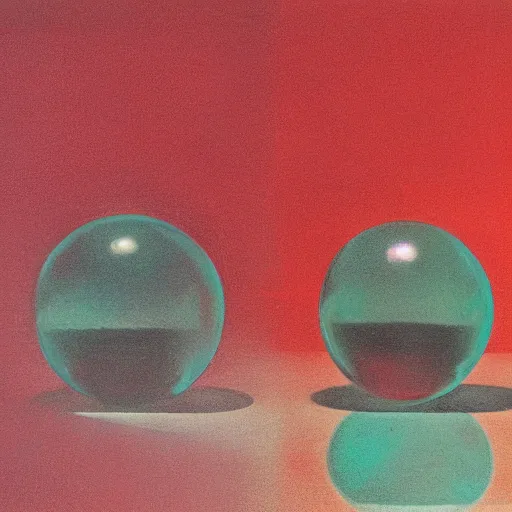 Prompt: glass spheres on a red cube, caustics