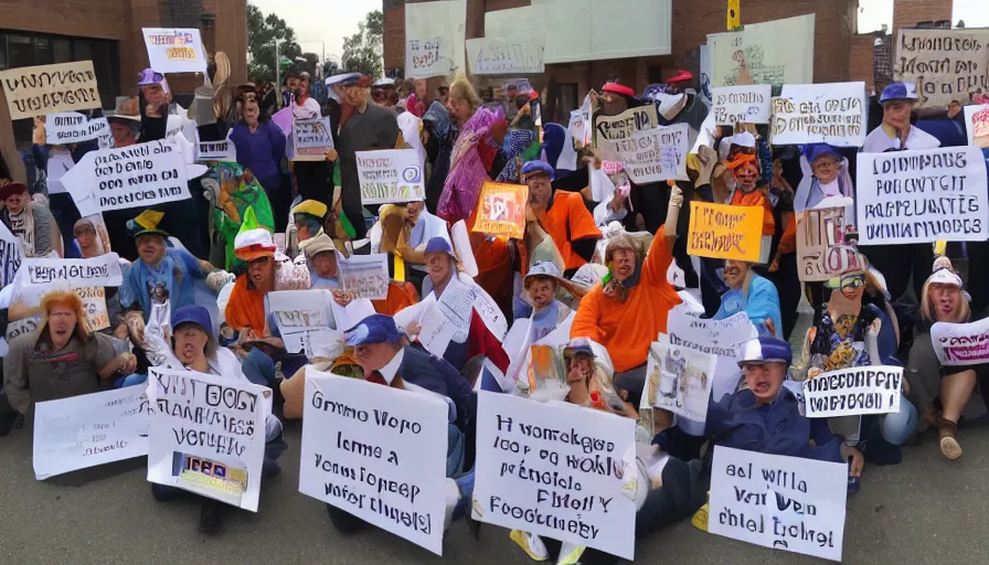 Image similar to willy wonka's oompa loompas holding up signs and protesting outside the factory against unfair work conditions