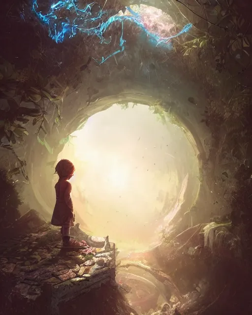 Image similar to a child looking at a dimensional portal in the hidden garden, scare, environment art, fantasy art, landscape art, in the style of greg rutkowski, illustration, epic, fantasy, intricate, hyper detailed, artstation, concept art, smooth, sharp focus, ray tracing