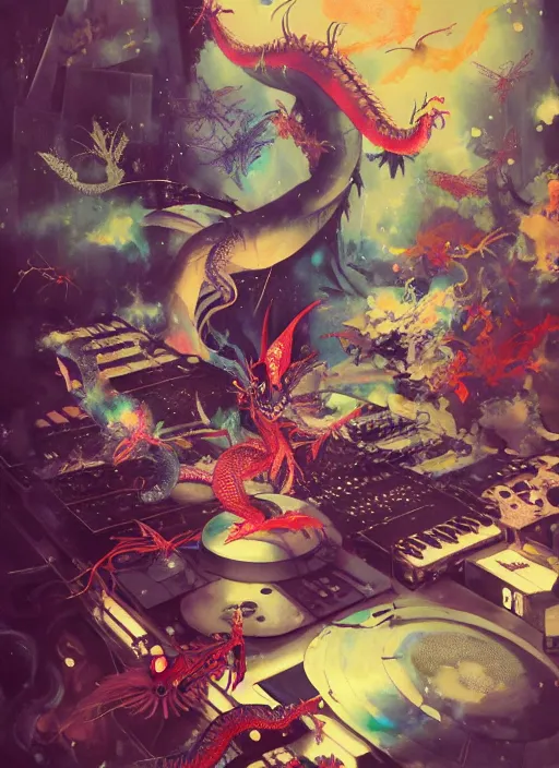 Prompt: surreal gouache painting, by yoshitaka amano, by ruan jia, by Conrad roset, by good smile company, Noel Fielding surrounded by magical dragonflies and a big DJ Mixer, deck, portrait, cgsociety, artstation, rococo mechanical and Digital and electronic, dieselpunk atmosphere