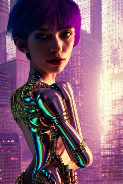 Image similar to hyperdetailed wide shot of one stunningly beautiful european girl with very short hair androgynous guard made of iridescent metals, in the cybercity inspired by ross tran and wlop and masamune shirow and kuvshinov, concept art, intricate, photorealistic, octane render, rtx, hdr, unreal engine, dnd digital art by artgerm